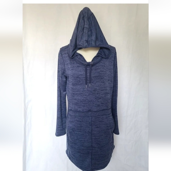 Athleta Dresses & Skirts - Athleta Blue Heathered Hooded Sweater Dress Medium Long Sleeve Pockets